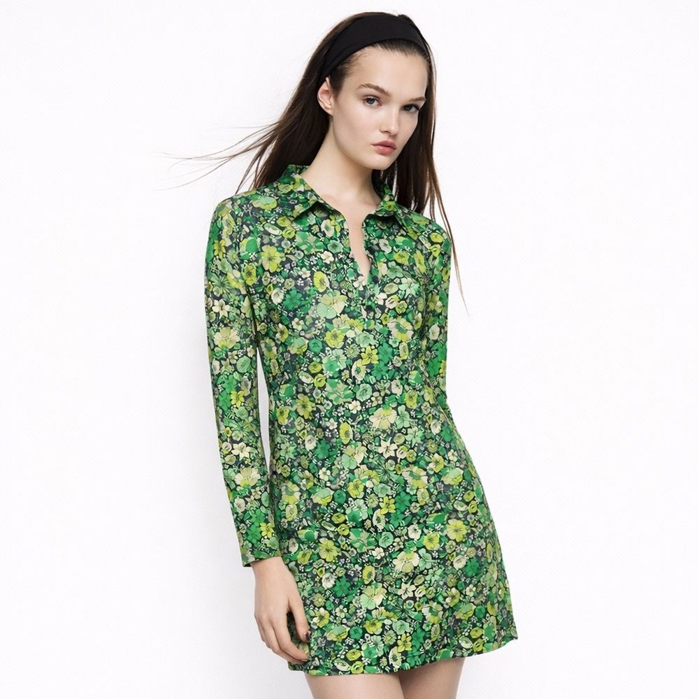 Zara Green Floral 70s Retro Mini Dress Mod Vintage Inspired Long Sleeve M
